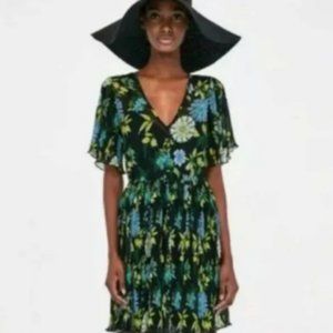 Zara Floral Print Pleated Semi-Sheer Dress | Color: Blue/Green |